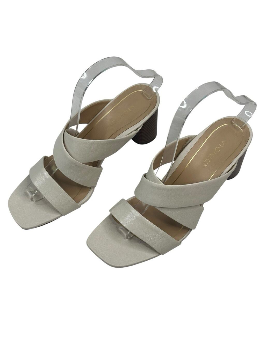 Vionic Merlot Heeled Slide Sandals Cream Leather Womens Size 8 New $150